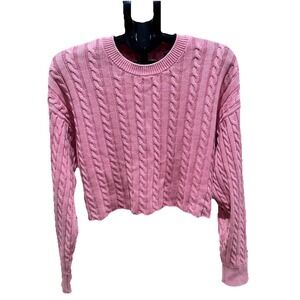 Aerie Cable Knit‎ Cropped Sweater Long Sleeve Crew Neck Pullover Pink XL